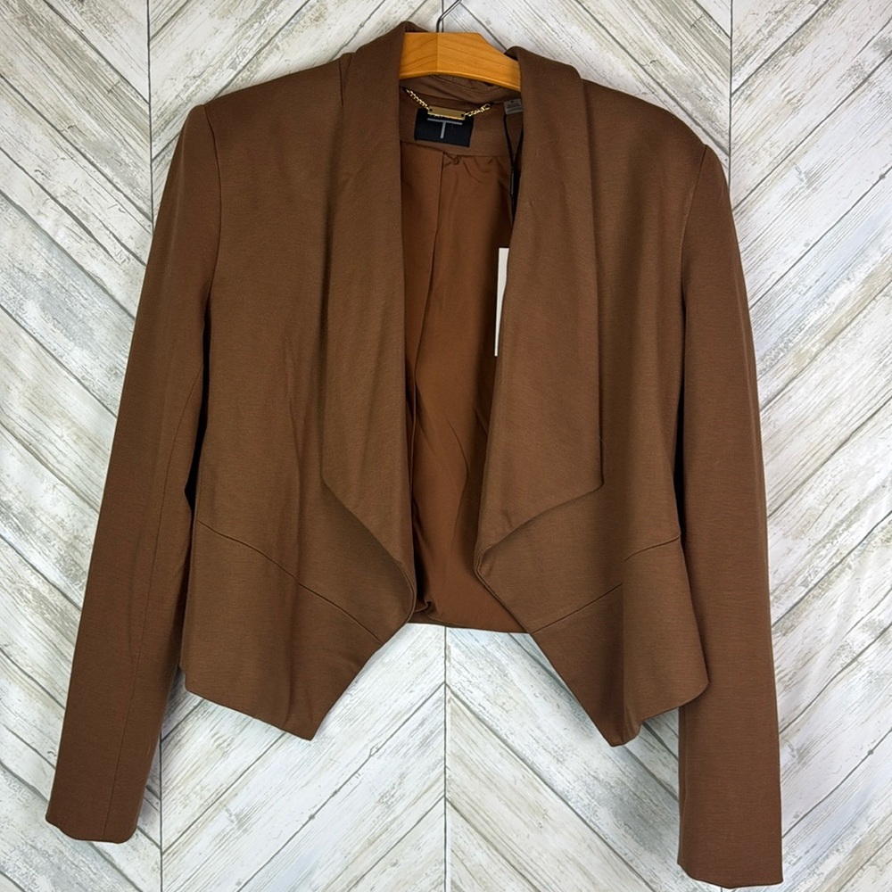 NWT T Tahari Brown Waterfall Collar Open Front Cropped Jacket